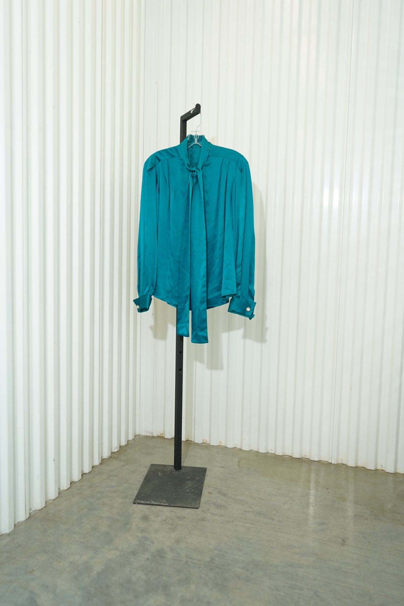 1970 Teal Silk Long Pleated Sleeve Tie Neck Button Down Blouse, image 2