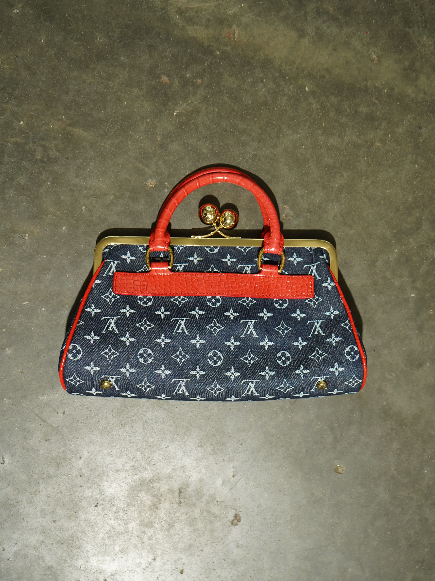 Y2K Denim Monogram Kiss-Lock Mini Bag with Red Croc Handle — image 3