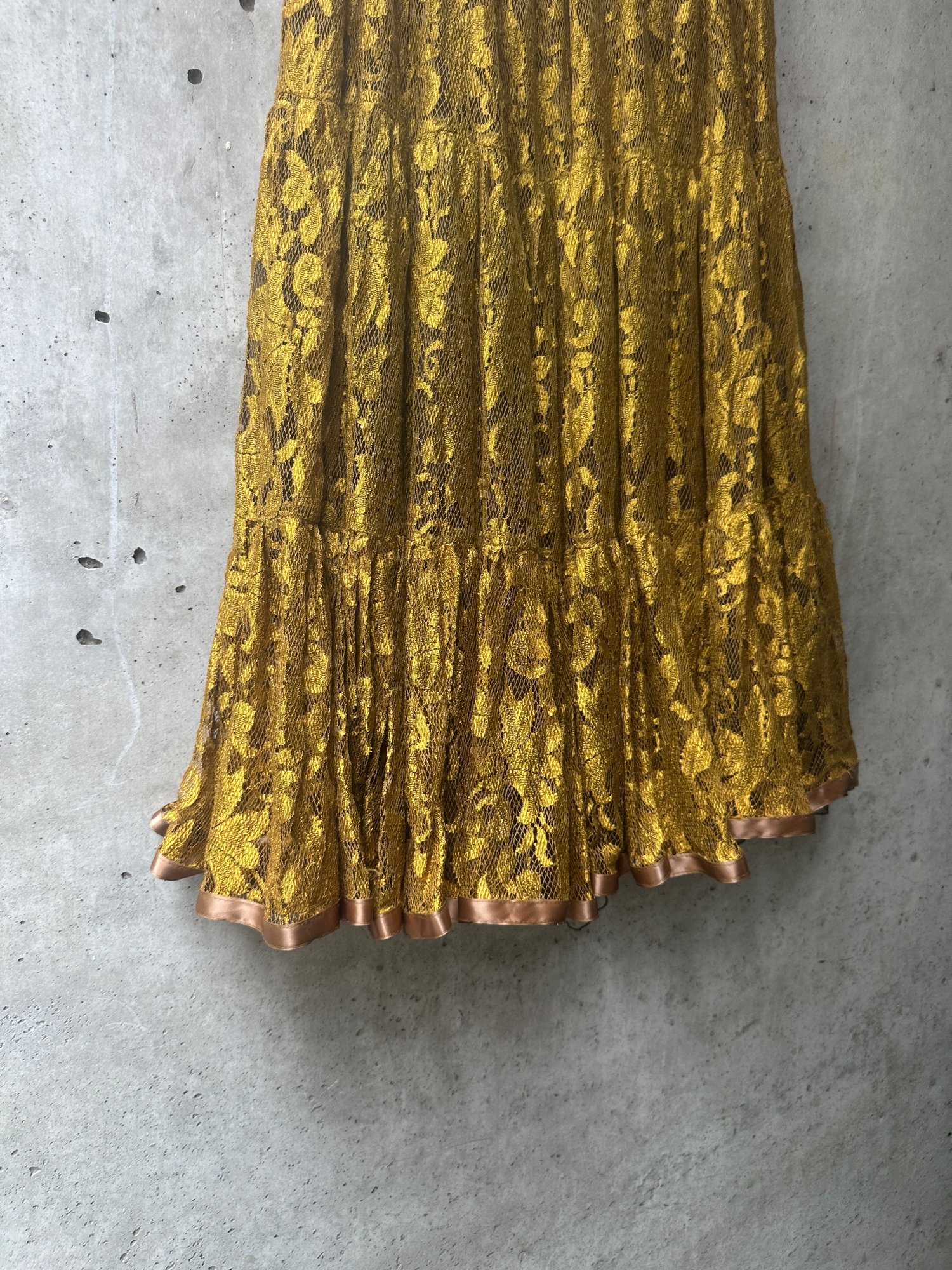 1980s-2000s Lace by Conné Carlton Mustard Lace Tiered Maxi Skirt, image 3
