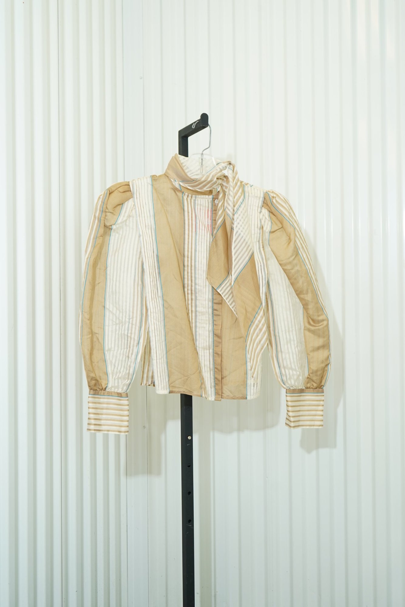 MALBE 1970s Mable Gold/Cream Sheer Striped Pesant Sleeve Tie Neck Blouse, image 2