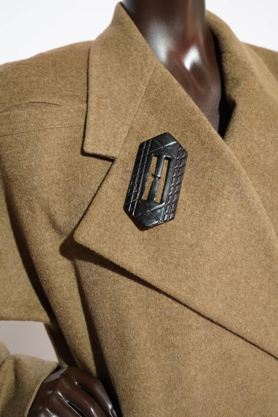 Thumbnail: 1980s Gianni Versace Camel Wool Wrap Coat with Sculptural Button & Black Ribbon