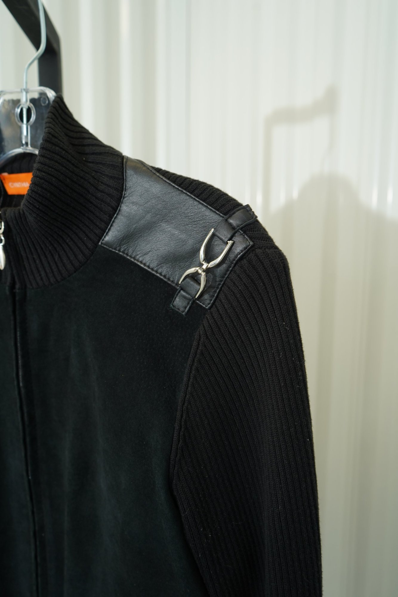 Y2K Cynthia Steffe Black Mixed-Media Ribbed Knit & Suede Moto Zip Jacket, image 4