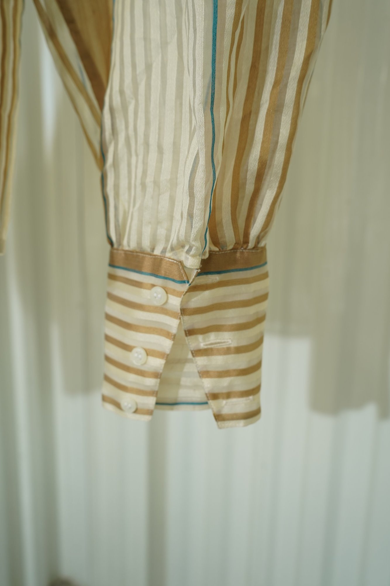 MALBE 1970s Mable Gold/Cream Sheer Striped Pesant Sleeve Tie Neck Blouse, image 7