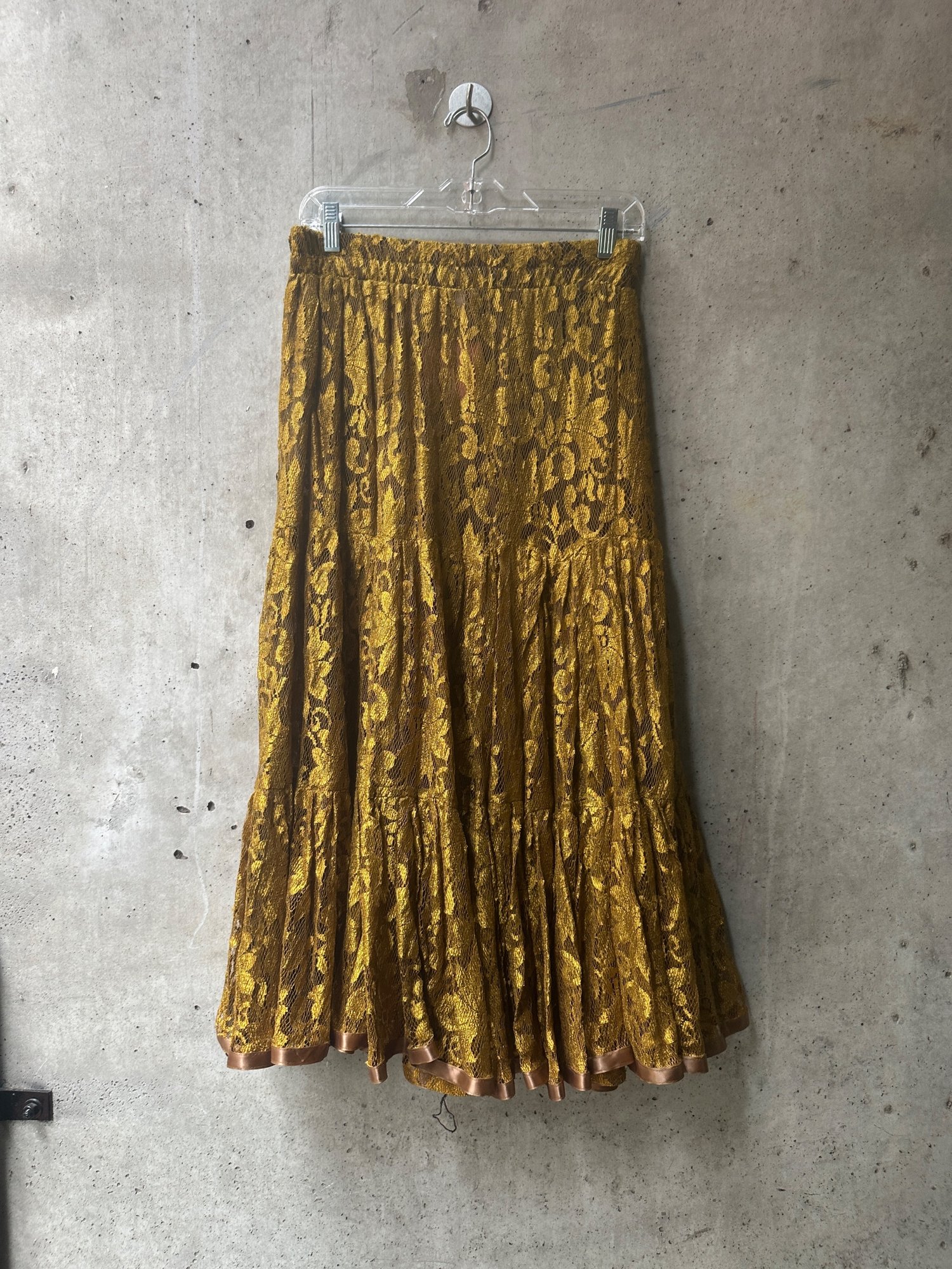 1980s-2000s Lace by Conné Carlton Mustard Lace Tiered Maxi Skirt, image 7