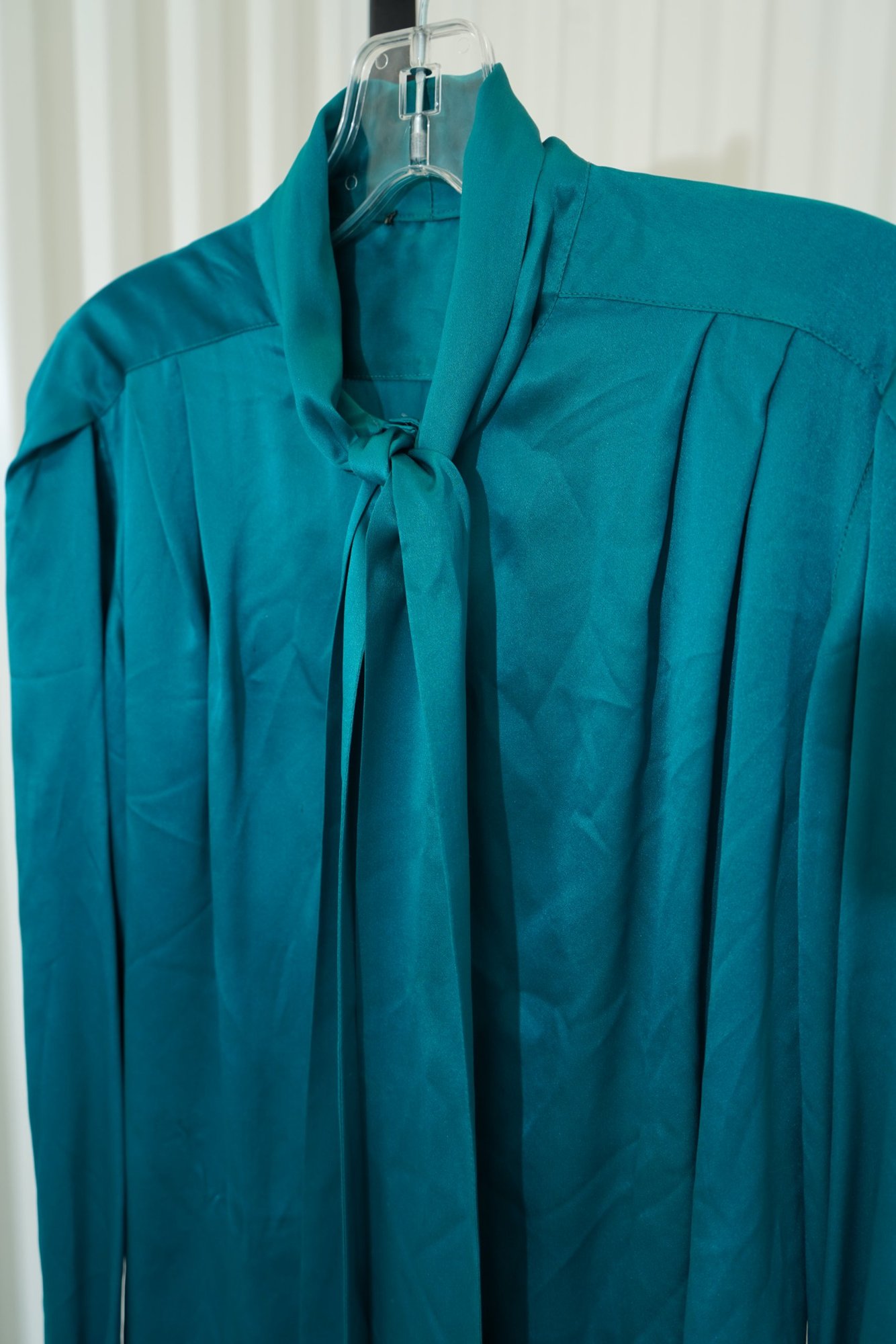 1970 Teal Silk Long Pleated Sleeve Tie Neck Button Down Blouse, image 5