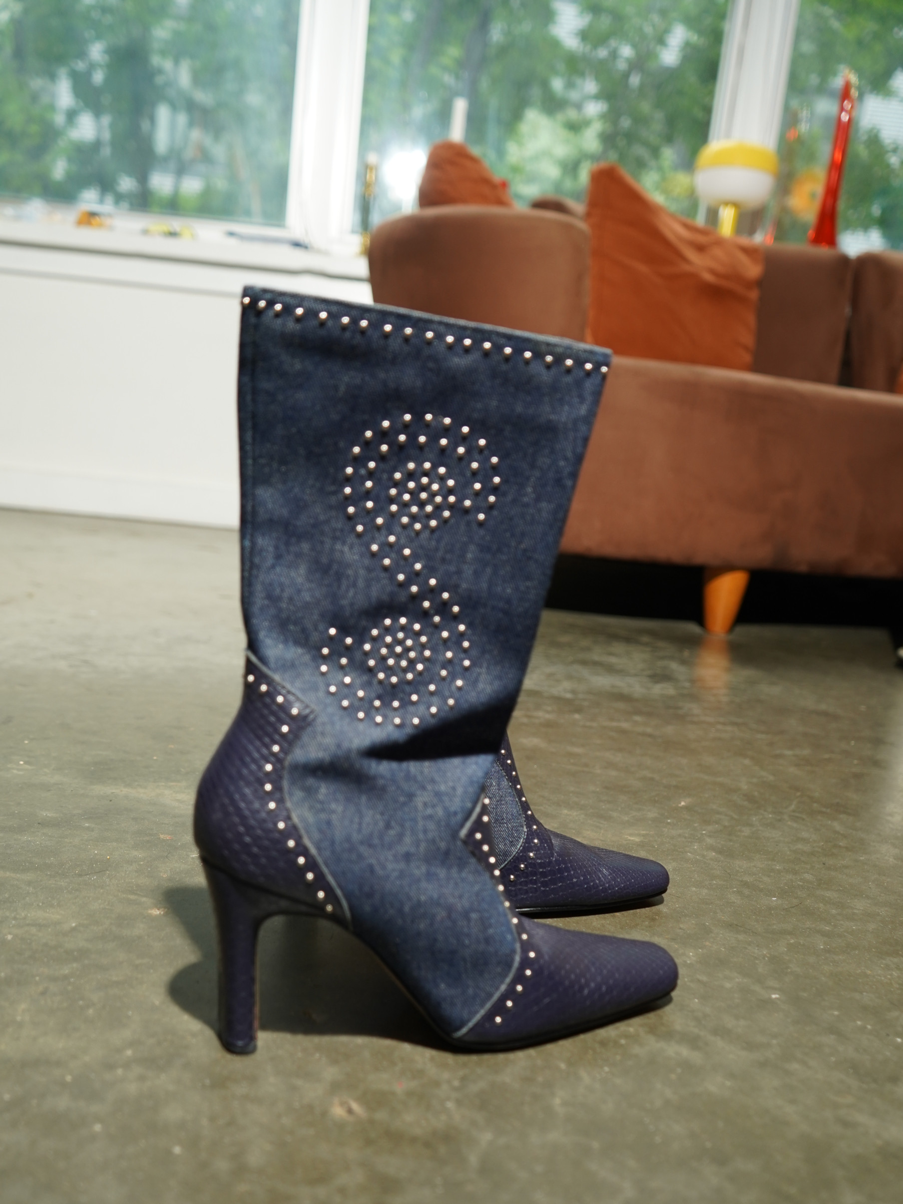 Denim & Dark Reptile Studded Heart Stiletto Boot — image 6