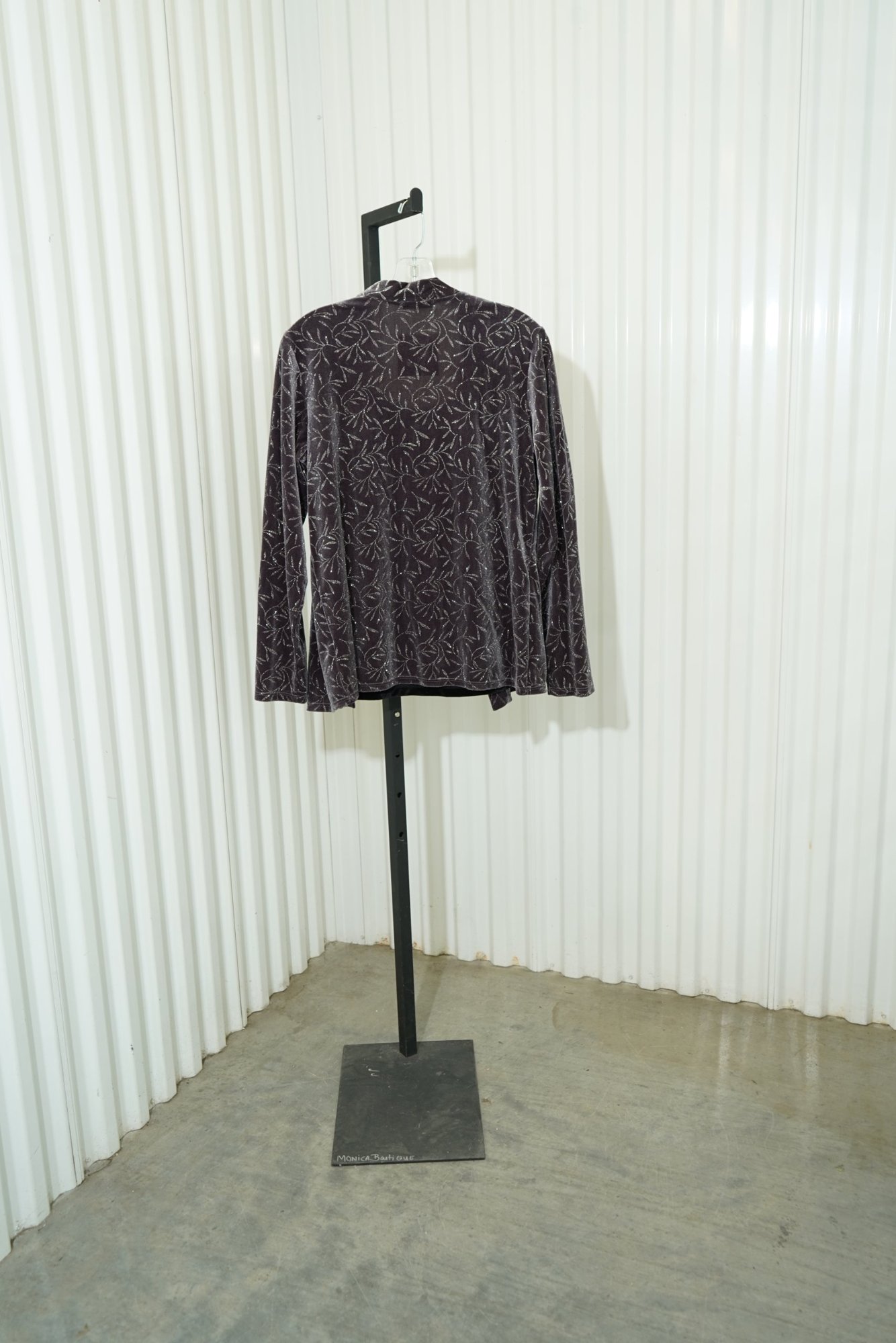 90s Notations Charcoal Silver Leaf Foil Velvet Open Cardigan, image 8