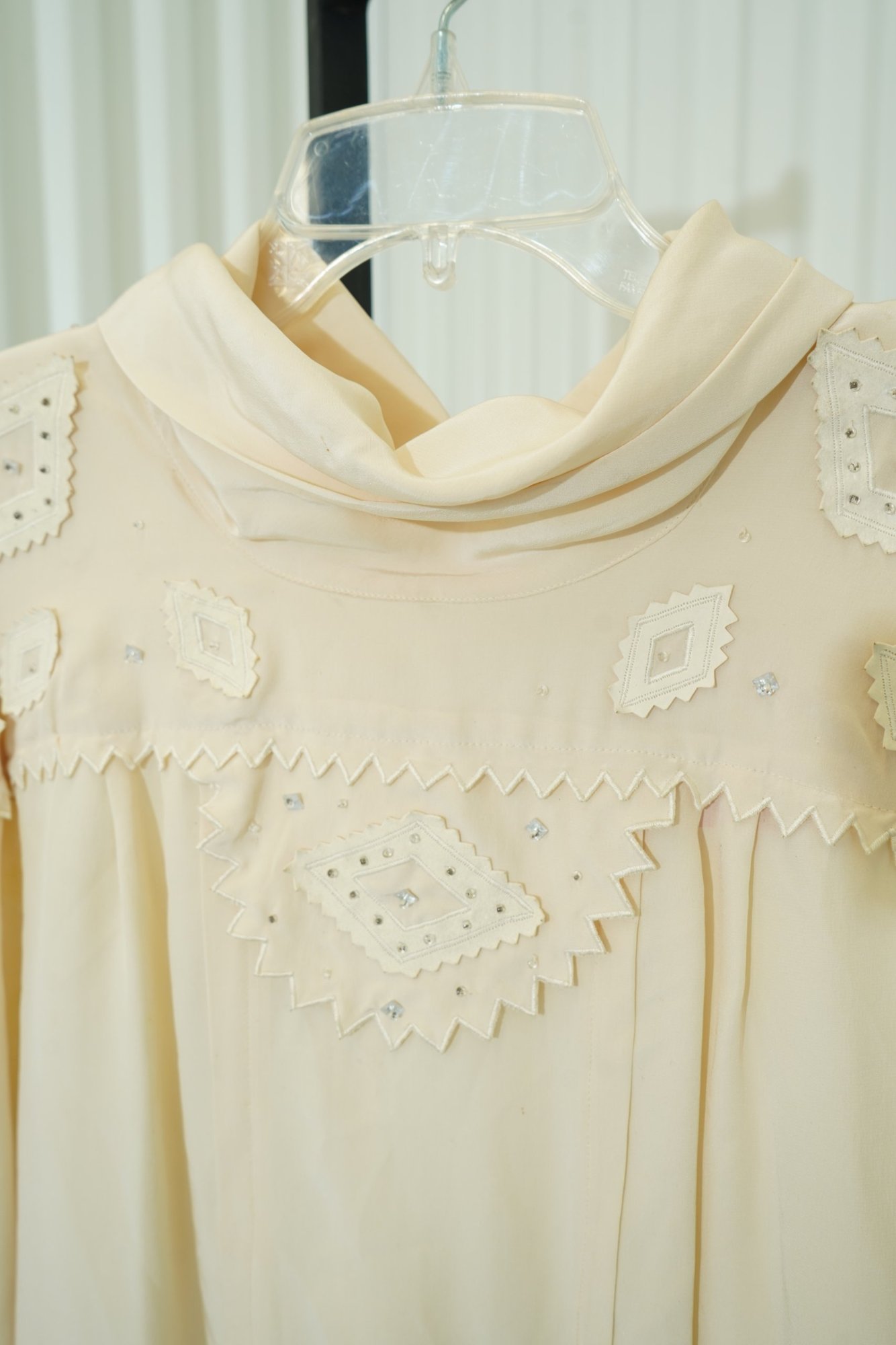 1970s Levanté Ivory Diamond Cutout Western Cowl Neck Beaded Long Sleeve Blouse, image 3