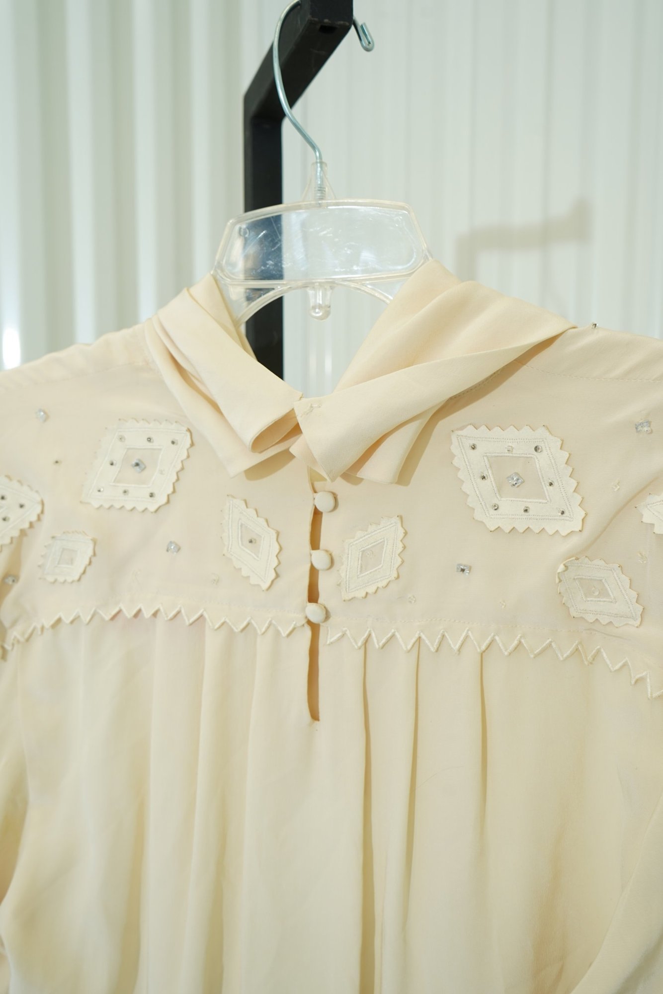 1970s Levanté Ivory Diamond Cutout Western Cowl Neck Beaded Long Sleeve Blouse, image 6