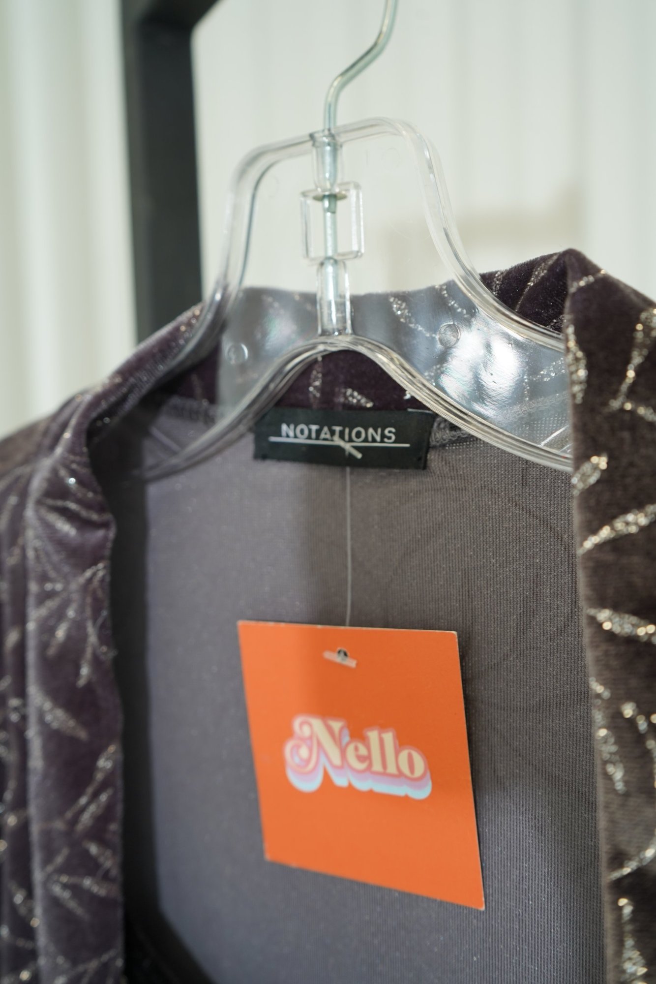90s Notations Charcoal Silver Leaf Foil Velvet Open Cardigan, image 5