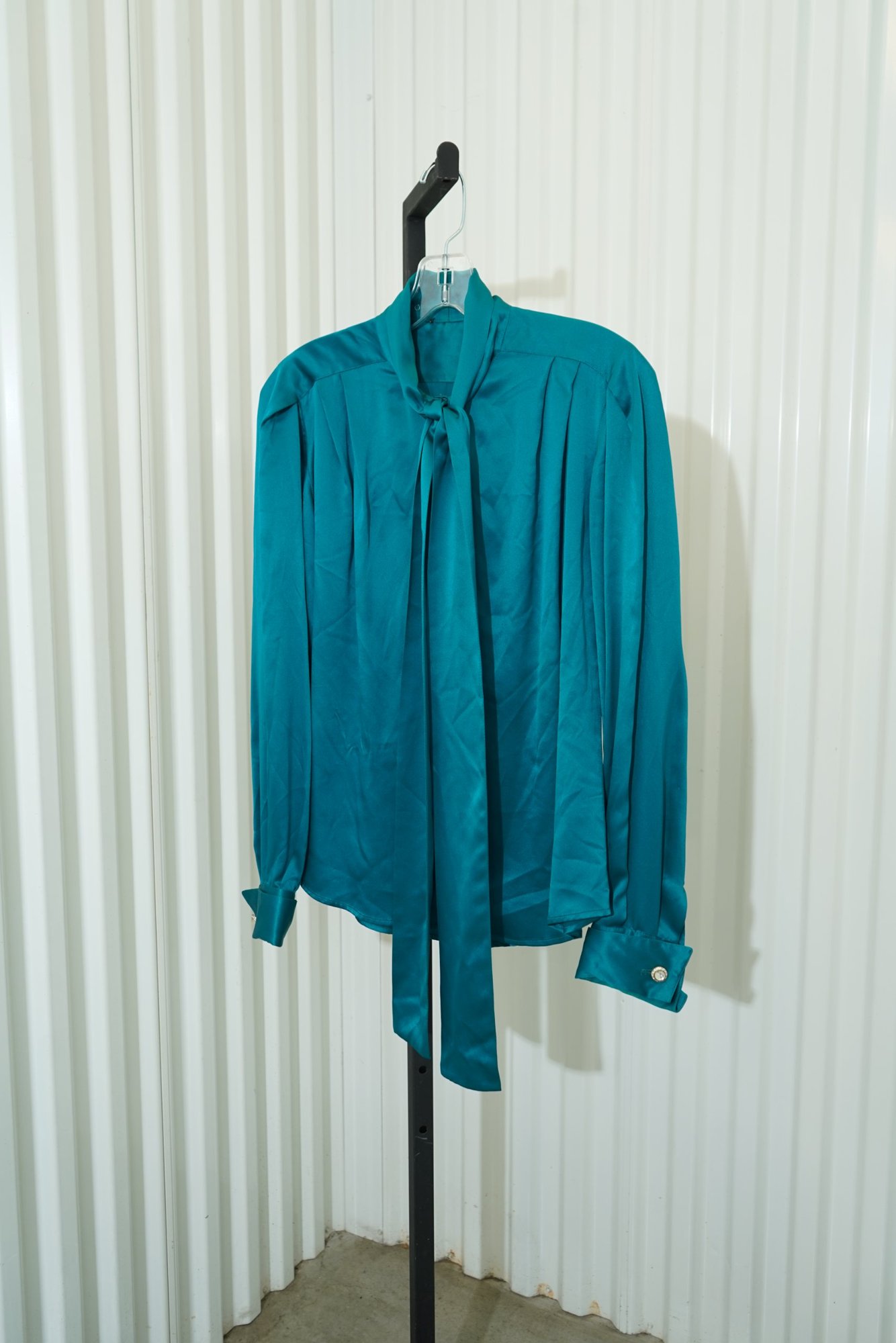 1970 Teal Silk Long Pleated Sleeve Tie Neck Button Down Blouse, image 3