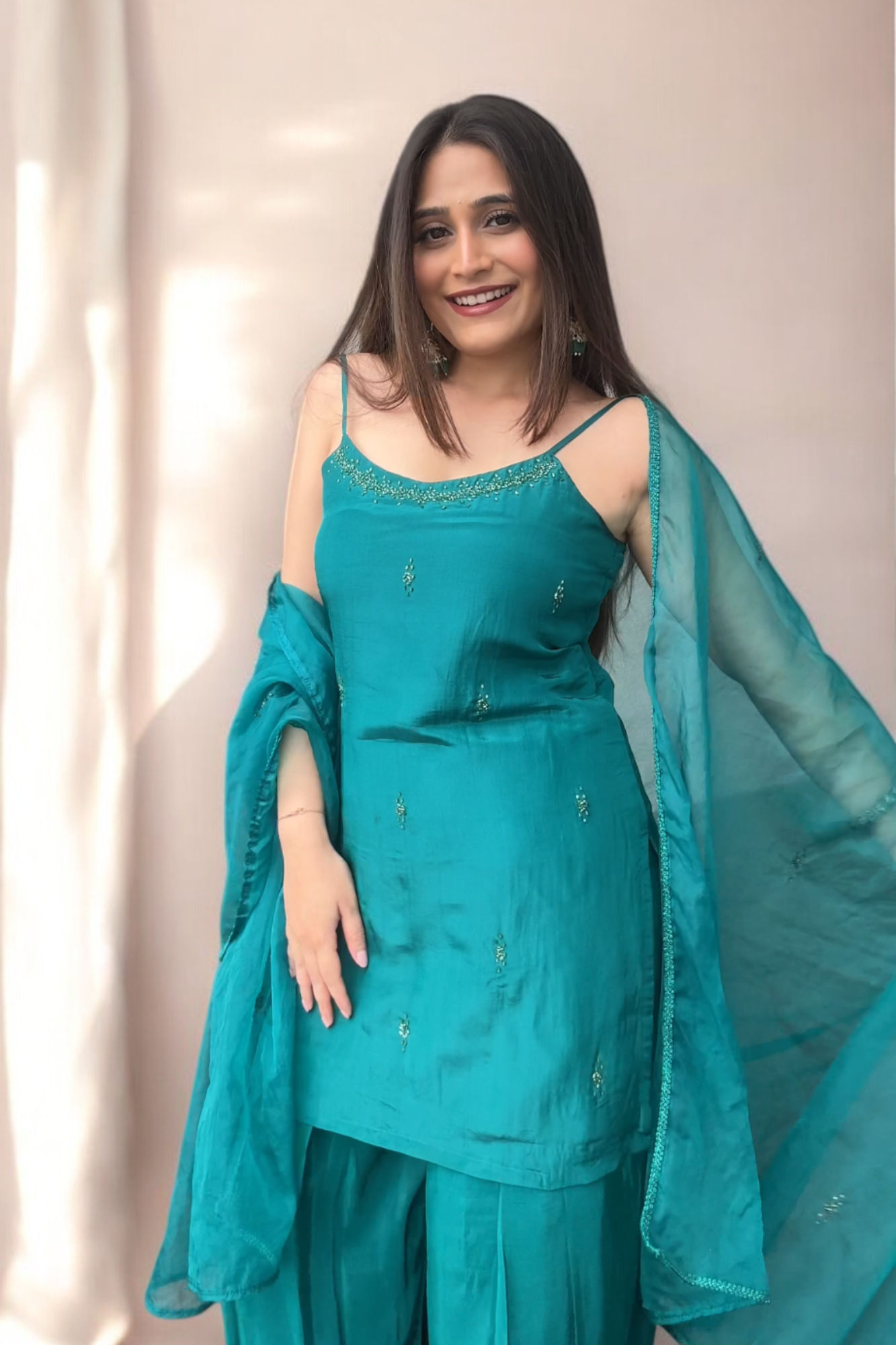 Ocean Green Short Tunic with Pleated Pants 3-Piece Set