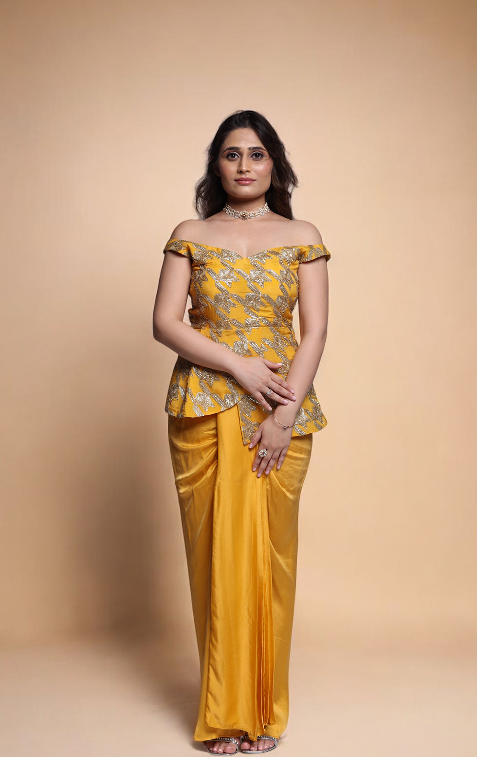 Thumbnail: Canary Yellow Gota Off-shoulder Peplum Top and Draped Dhoti Skirt