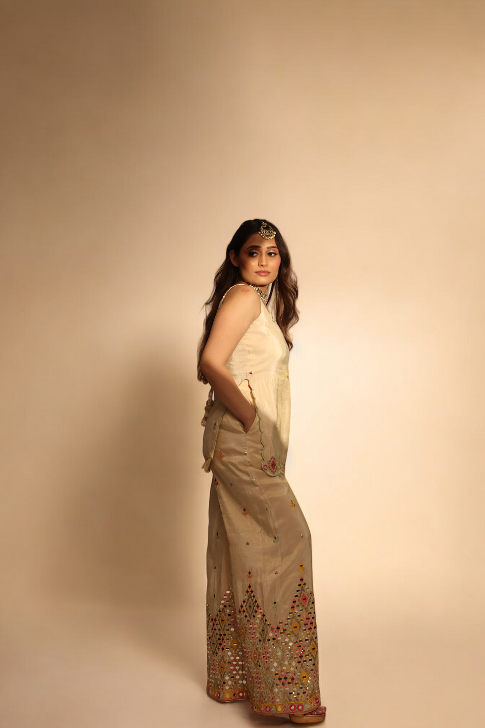 Cream Tie-back Scalloped Tunic with Mirrored Sharara Set