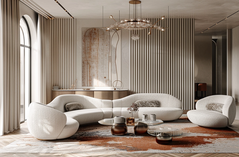 Modern Living Room. Curves aren’t going anywhere, but they’re becoming more refined, rounded, it's an art now. BLIS HOME DESIGN