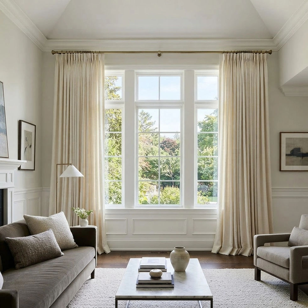 Bright, elegant living room with beige sofa and armchair, large window, cream curtains, coffee table, and garden view outside.
