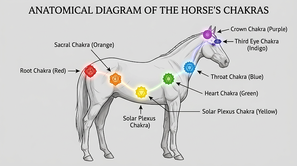 Schéma anatomique du cheval et de ses chakras