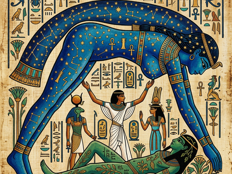 Chaque image montre Nout dans sa forme iconique : une femme au corps arqué formant la voûte céleste, ornée d'étoiles dorées sur fond bleu profond, dans le style de l'art égyptien antique avec des hiéroglyphes et des symboles célestes. Ces images capturent bien l'essence mystique de Nout, gardienne du ciel dans la mythologie égyptienne
