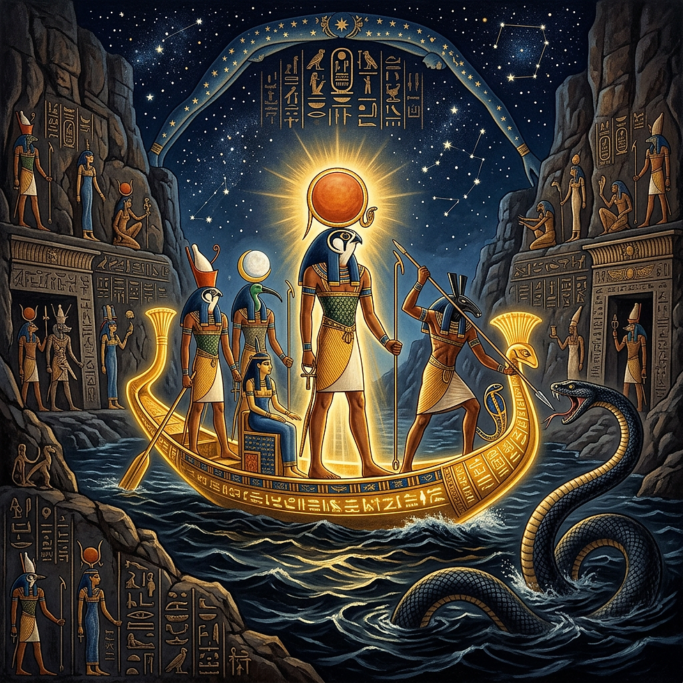 Scène égyptienne nocturne: dieux sur une barque dorée, hiéroglyphes, serpent géant; ciel étoilé, ambiance mystique.
