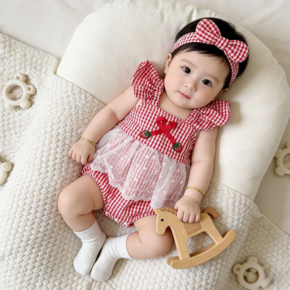 Baby Girl Summer Bodysuit – Red Plaid Strawberry Print