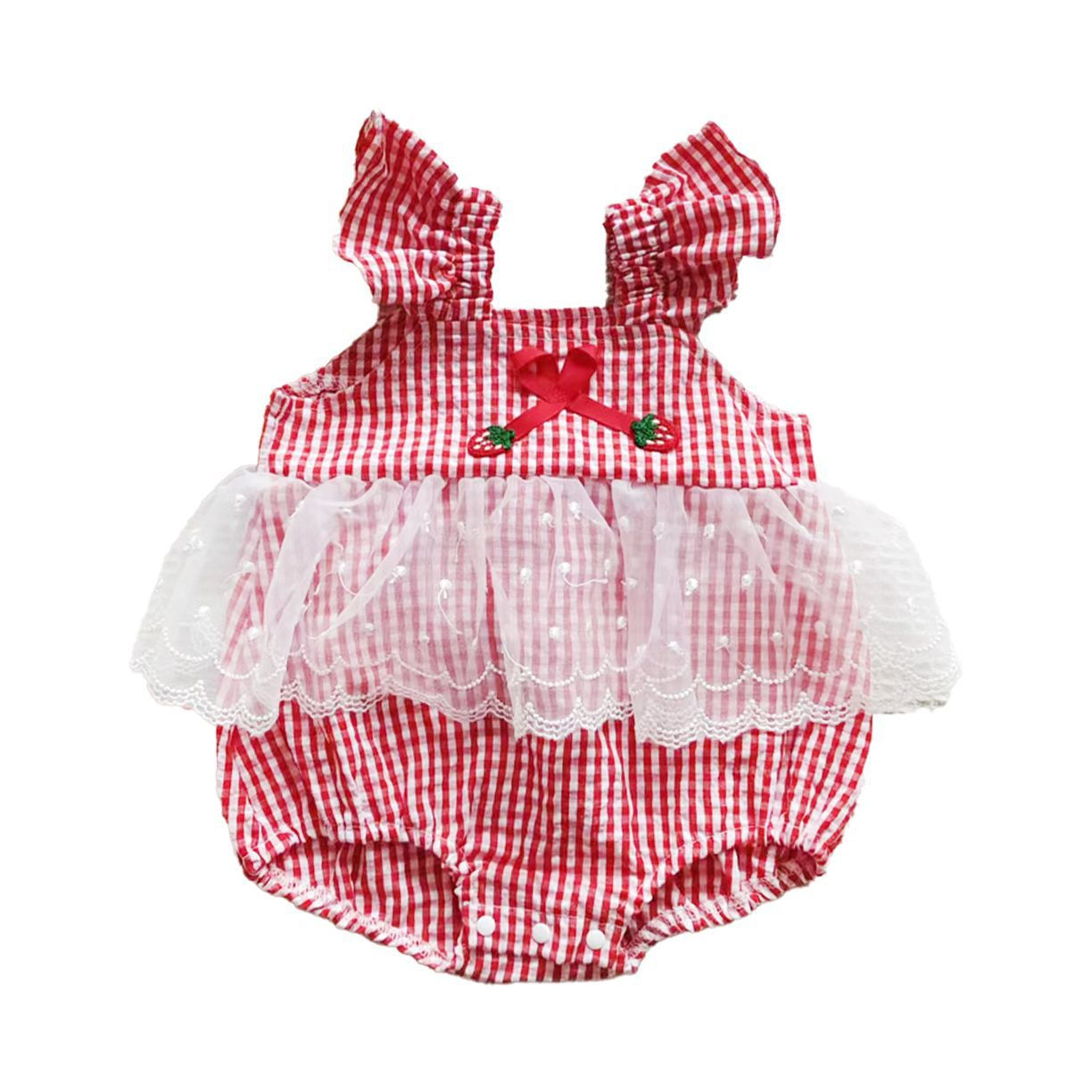 Baby Girl Summer Bodysuit – Red Plaid Strawberry Print