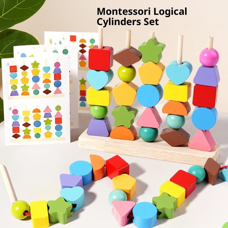Thumbnail: Early Learning Montessori Toys; Wooden Stacking Blocks, Lacing Beads & Shape Sta