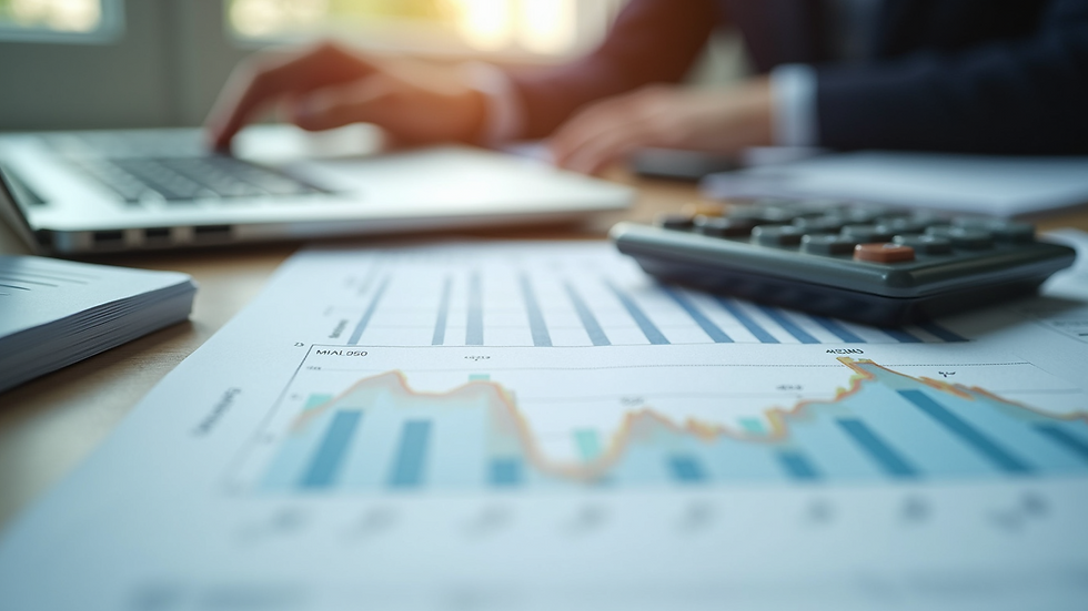 Close-up view of financial documents and calculator on a desk