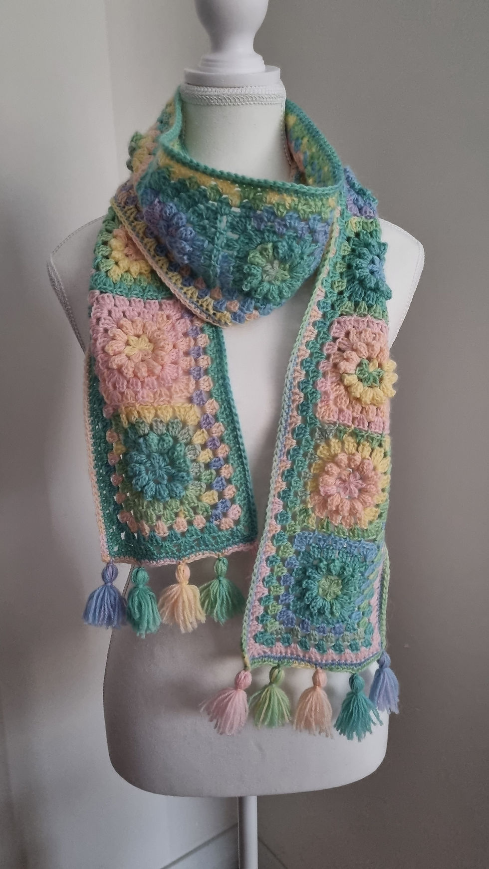 Thumbnail: FREE Pattern Download - Glastonbury Scarf  – Modern 3D Flowers Square Design