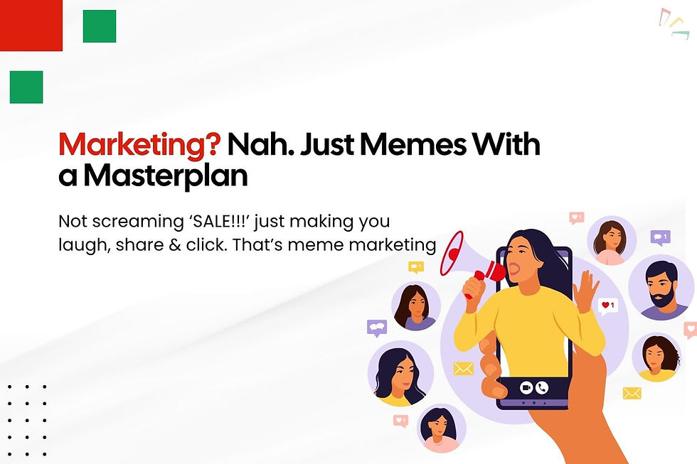 Illustration showing the power of Meme Marketing, with a creator speaking through a megaphone from a phone screen, surrounded by audience avatars engaging online
