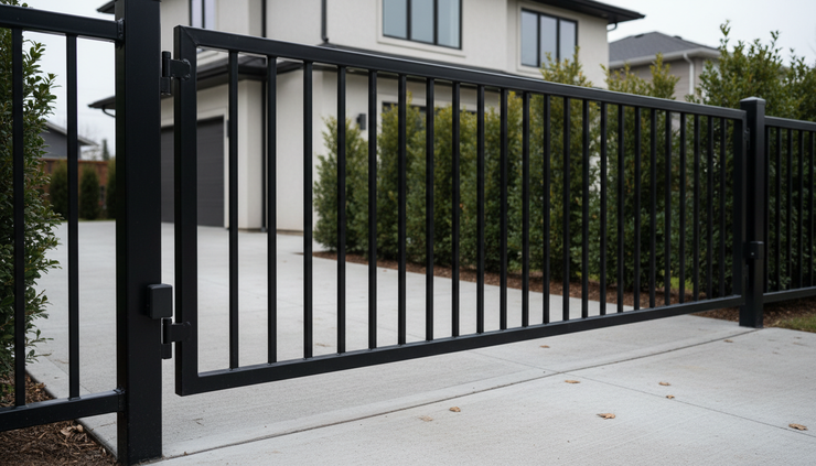 Wide-angle view of a black metal gate and fence with a smooth coated finish.