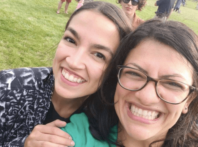 Rashida Tlaib and Alexandria Ocasio-Cortez -- Photo courtesy of Breitbart (https://www.breitbart.com/jerusalem/2018/08/12/democrat-rashida-tlaib-celebrates-primary-win-with-anti-israel-tweets/)