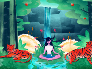 Person meditating in a forest by a waterfall, surrounded by two tigers. Vibrant green foliage and flowers, with a calm, serene mood.