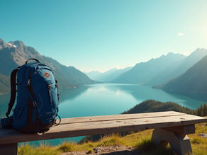 Backpack on a bench in front of a lake with mountains