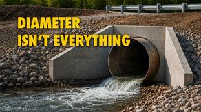 Steel culvert pipe showing water flowing through a roadside drainage system, demonstrating how culvert flow capacity is affected by pipe size and slope.