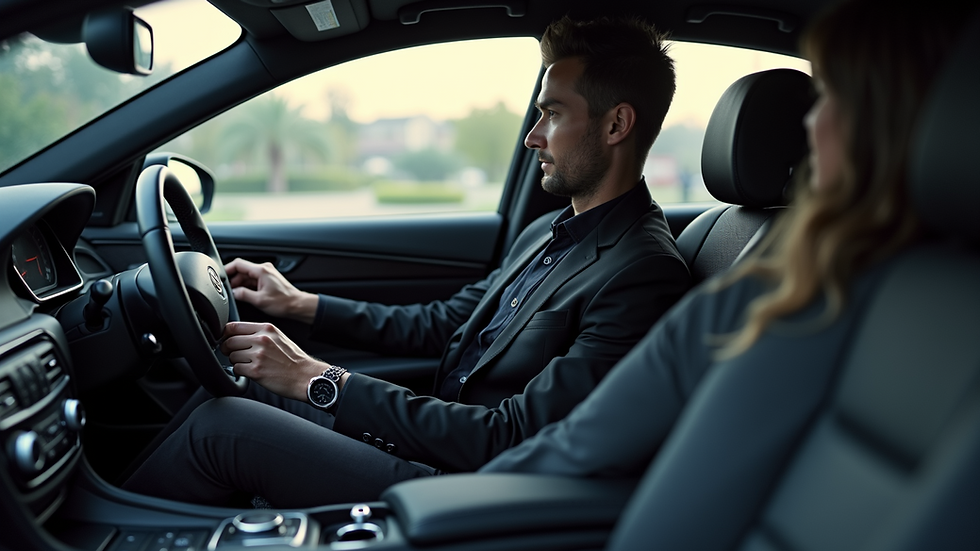 High angle view of a driver opening the door of a luxury car for a passenger