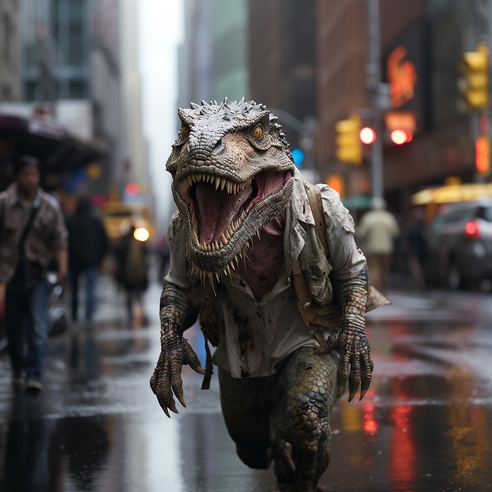 A dinosaur walks the streets of Manhattan --v 5.2 --s 1000