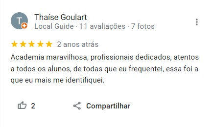 Imagem contém um depoimento sobre a academia Atlethica Gym. Falando muito bem dela, de seus professores, da qualidade dos equipamentos e do ambiente familiar.