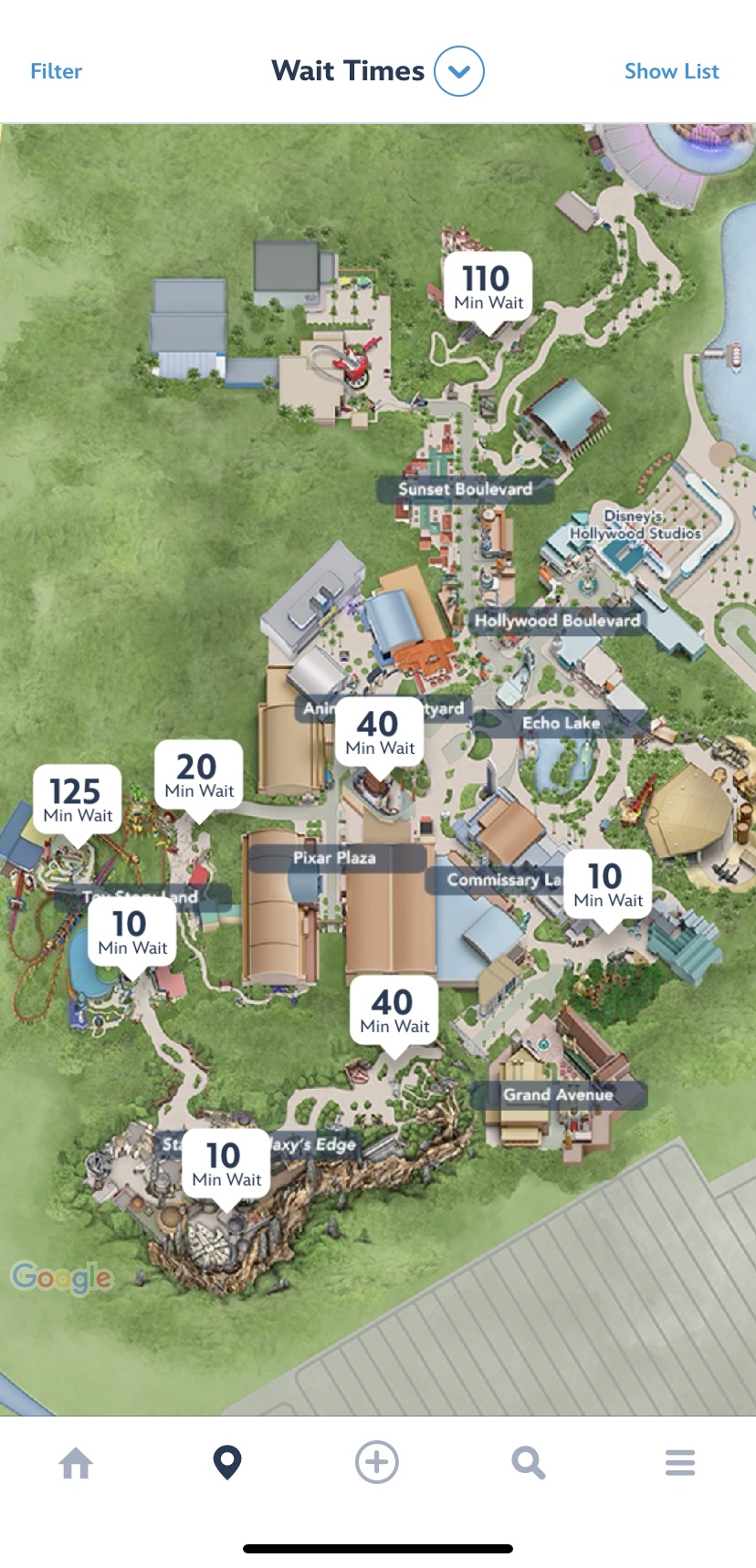 Carte avec les temps d'attente au parc Hollywood Studio  à World Disney Orlando