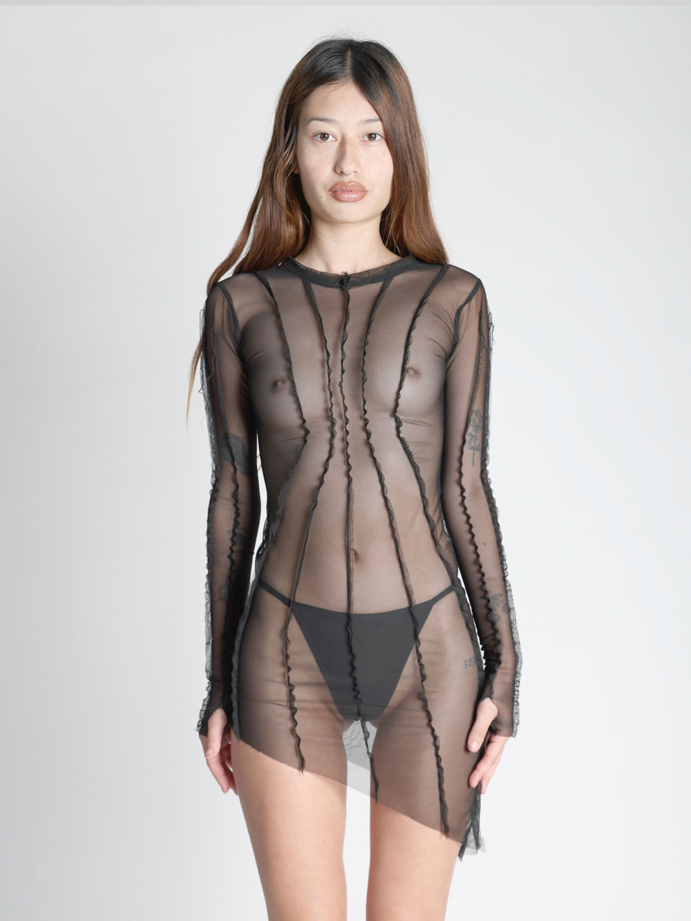 Asymmetric Long Sleeve Mini Mesh Black