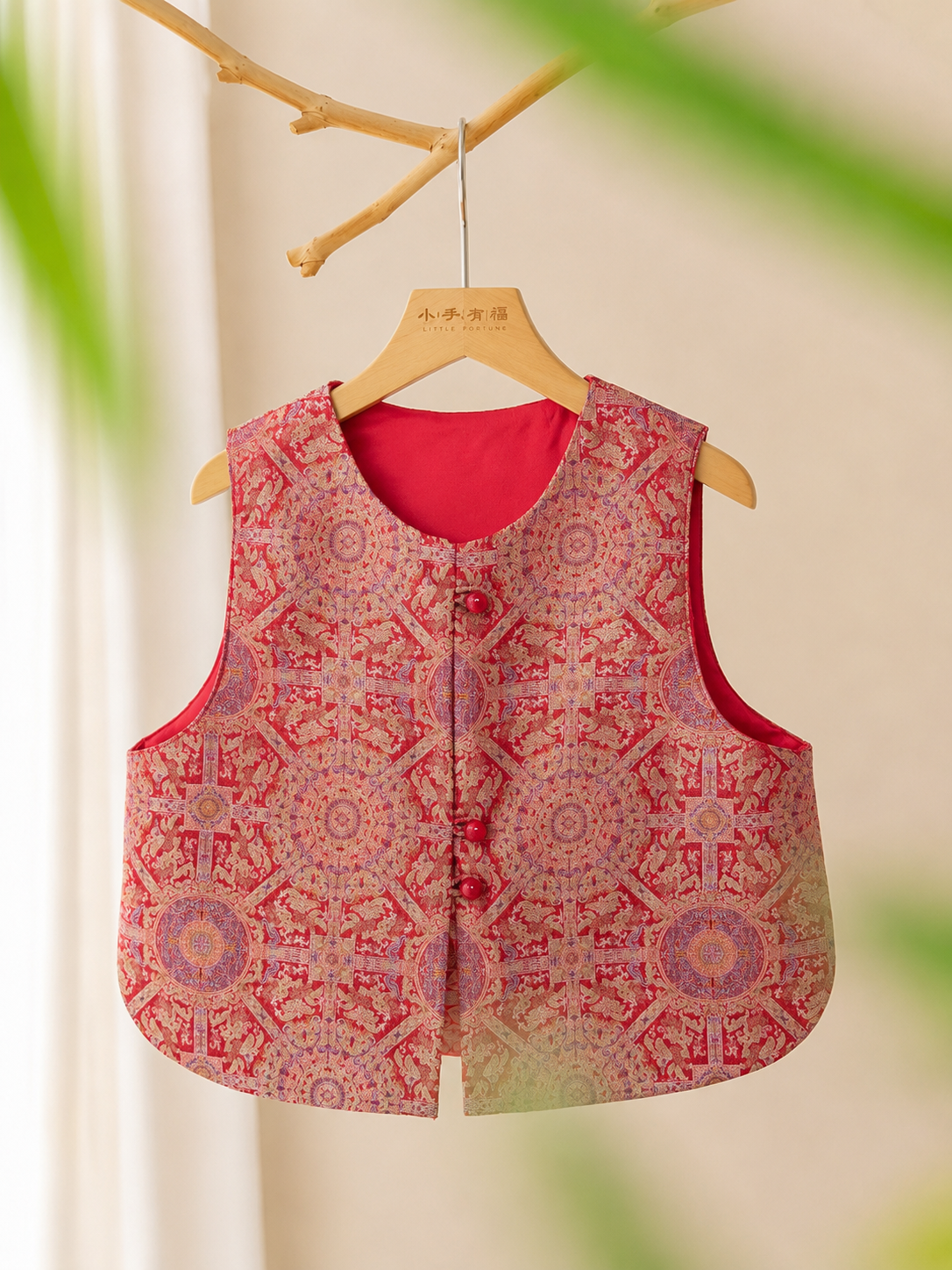 「四通八达」红八达晕纹宋锦新中式马甲 “Open Paths” Crimson Badayun Silk Brocade Vest