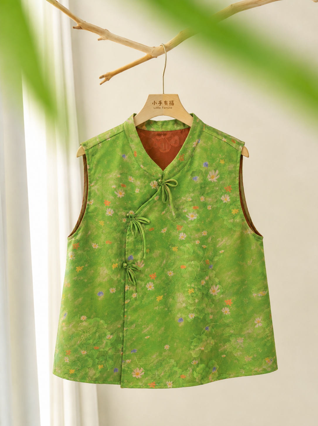 「绿野花影」红云纱无袖小衫 Meadow Blossom Xiangyunsha Sleeveless Top