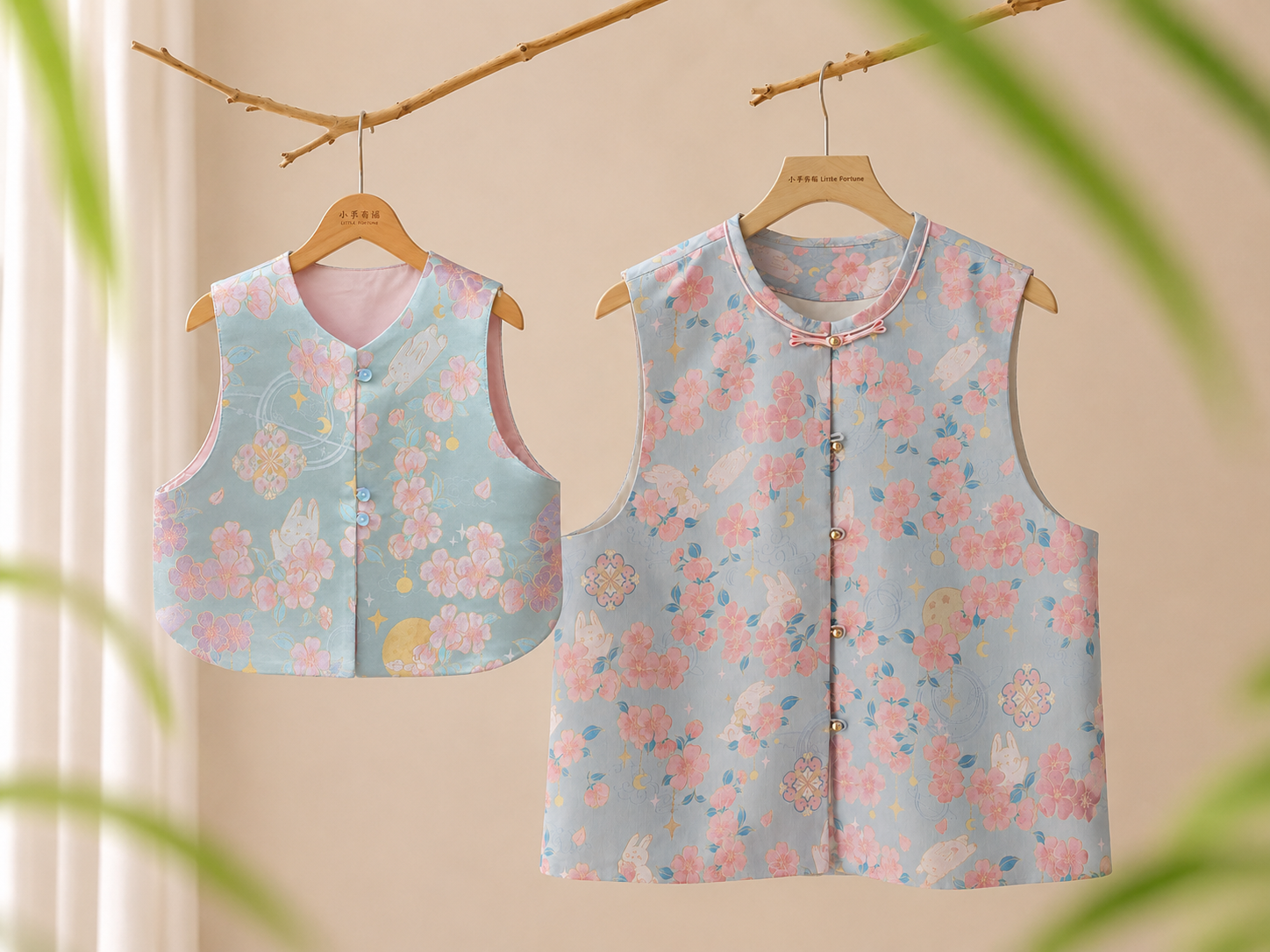 「海棠玉兔」亲子宋锦马甲 "Begonia & Jade Rabbit" Matching Song Brocade Vest