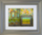 “Inner Landscape,” watercolor pencil drawing (  by contemporary artist Daniela Atanasova), showing framed rectangular forms and a small landscape scene within a layered mosaic-like abstract background.