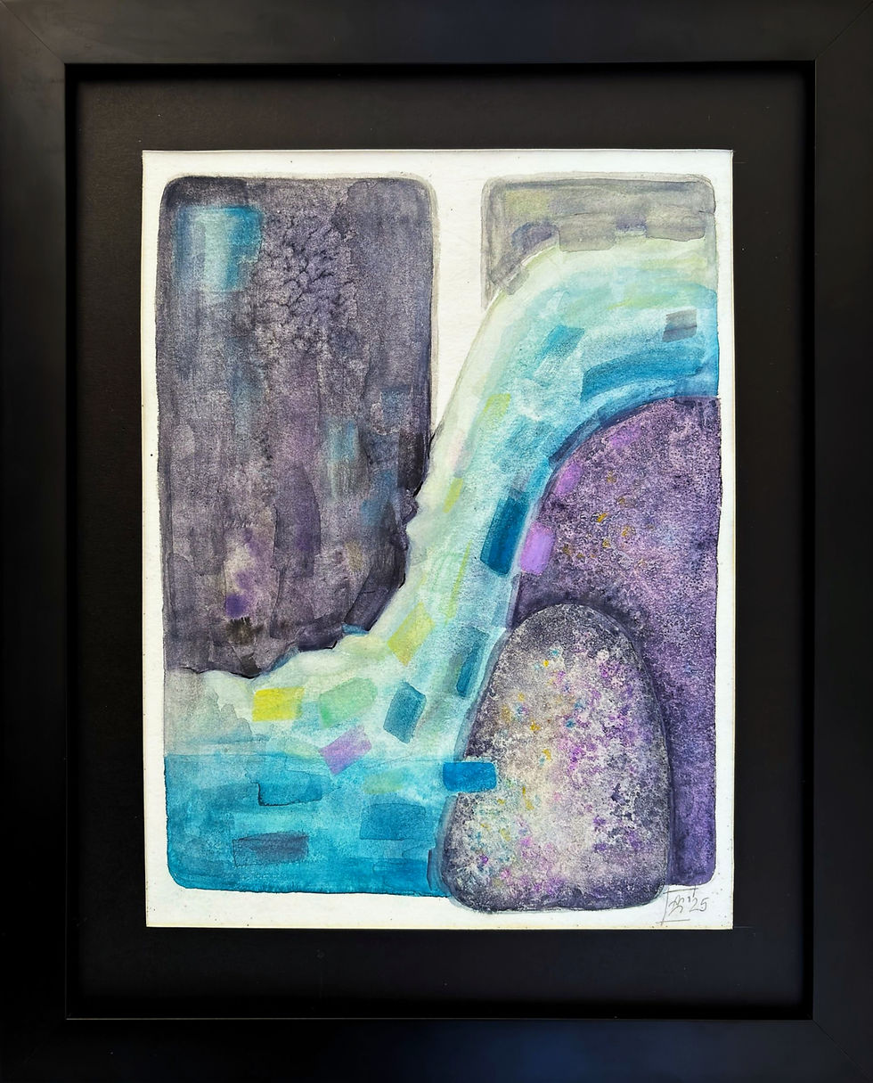 “Stream” — watercolor on paper by contemporary artist Daniela Atanasova, abstract composition with fluid lines and soft tonal transitions combined with sand-like textures