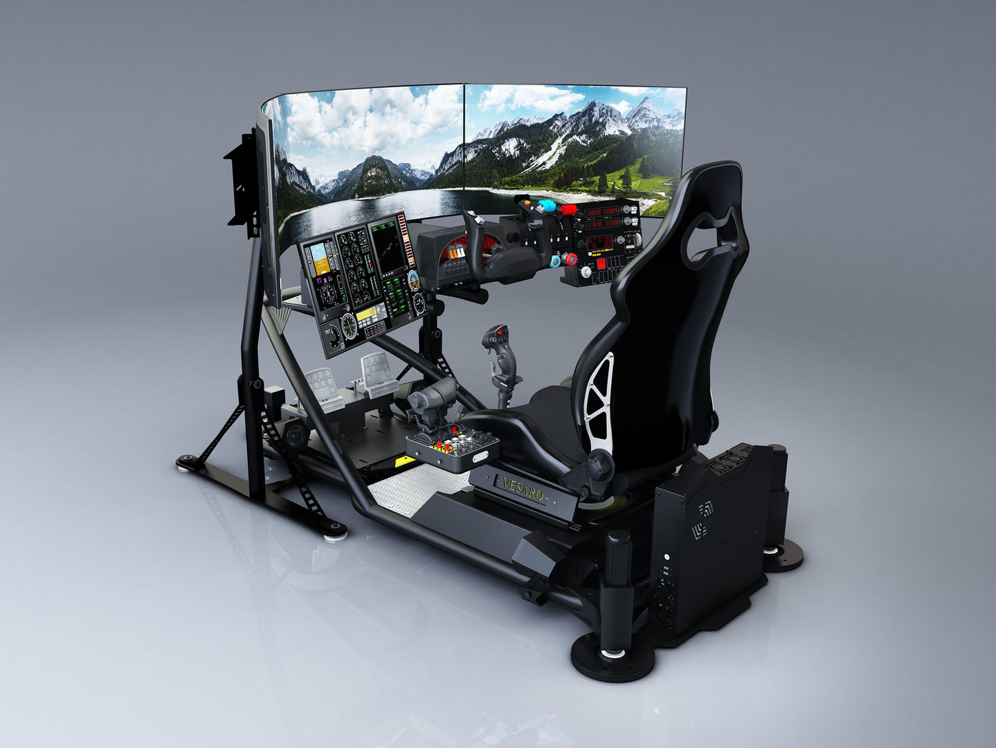 Fixed wing flight simulator Vesaro Stage 2 with pilot seat, advanced flight controls, and instrument display system