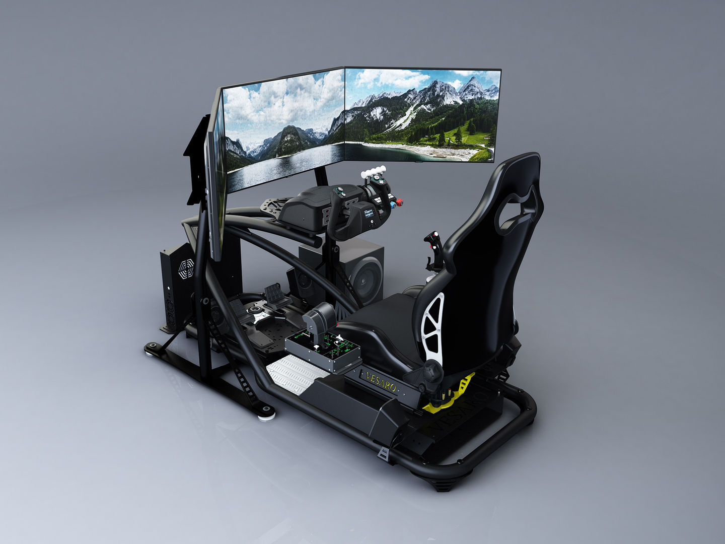 Fixed wing flight simulator Vesaro Stage 1 with aviation seat, flight yoke, and basic instrument panel display