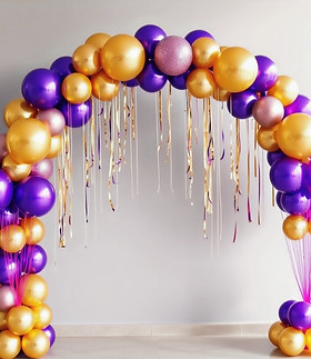 standout glitzy purple gold balloon arc