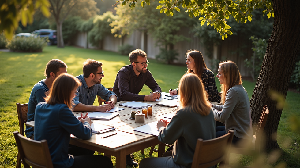 High angle view of an outdoor entrepreneurial workshop with people engaged in discussions