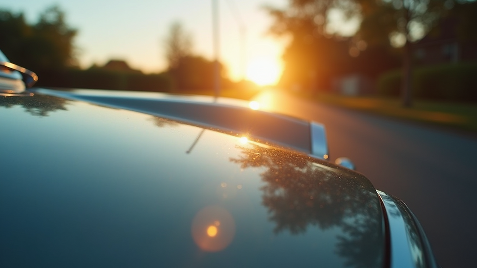 Eye-level view of a shiny polished car hood reflecting sunlight