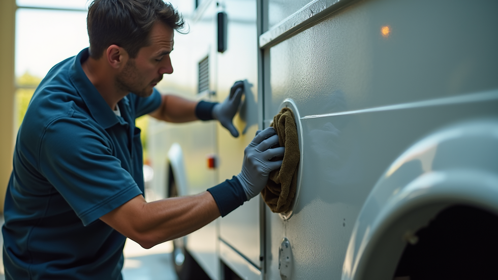 Close-up view of a professional waxing an RV exterior